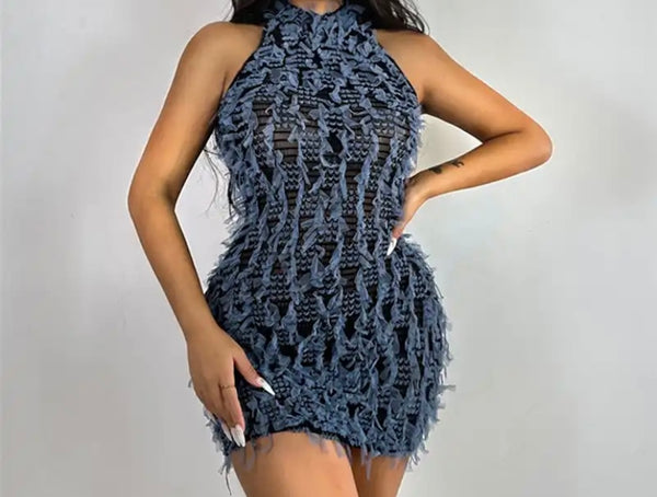 Women Sexy Sleeveless Color Fringe Mesh Dress