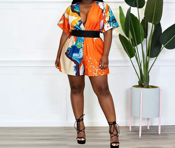 Women Multicolored Print Short Sleeve Fashion Romper