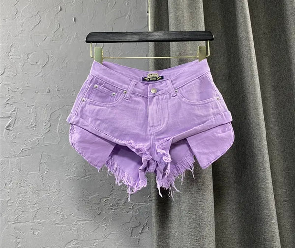 Women Color Fashion Ripped Denim Shorts