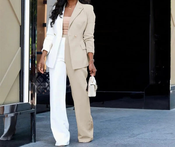 Women Fashion Color Patchwork Button Up Blazer Two Piece Pant Set