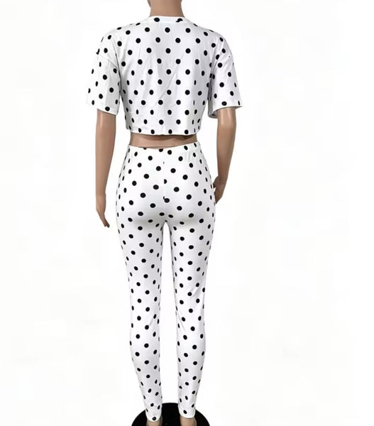 Women Polka Dot Safety Pin Crop Fashion Two Piece Pant Set