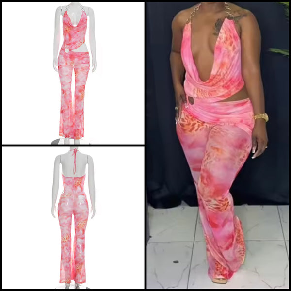 Women Sexy Halter Sleeveless Pink Floral Mesh Jumpsuit