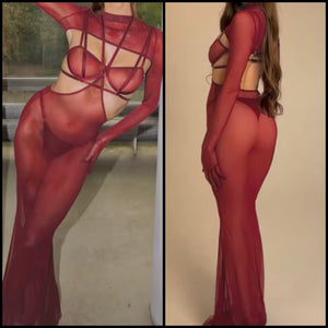 Women Sexy Burgundy Glove Mesh Lingerie Set