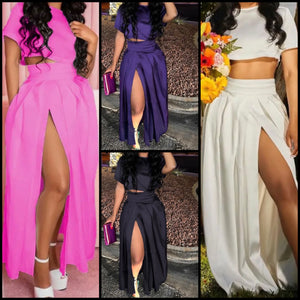 Women Fashion Short Sleeve Solid Color Two Piece Maxi Skirt Set