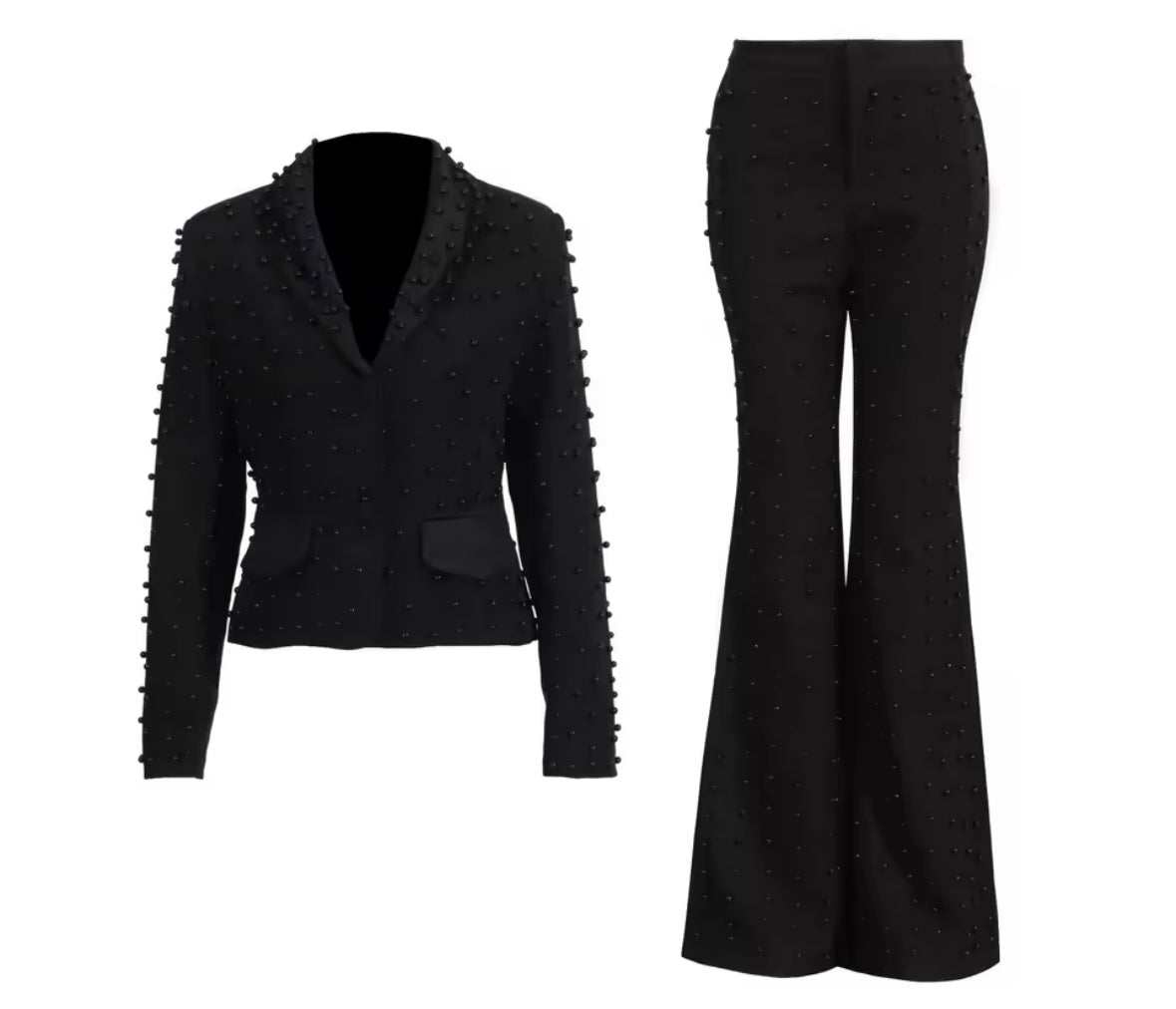 Women Solid Color Beaded Pearl Blazer Two Piece Pant Set