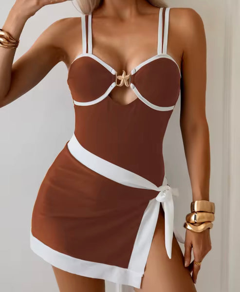 Women Striped Hollow Out Swimsuit Cover Up Set