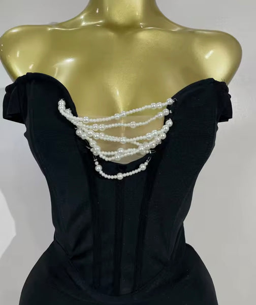 Women Sexy Black Off The Shoulder Pearl Tassel Dress