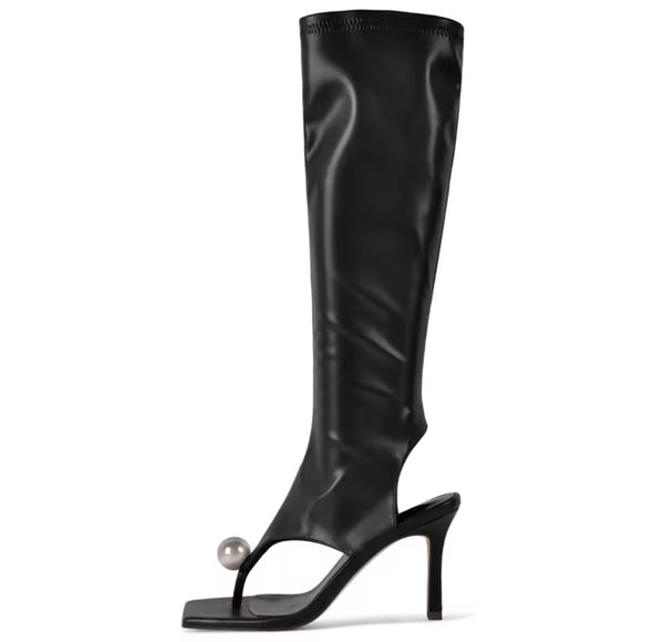 Women Fashion Metal Ball Open Toe Knee High Boots