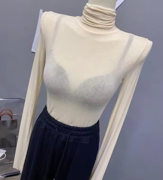 Women Fashion Turtleneck Full Sleeve Mesh Top