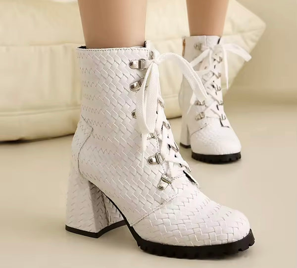 Women Fashion Lace Up Square Heel Ankle Boots