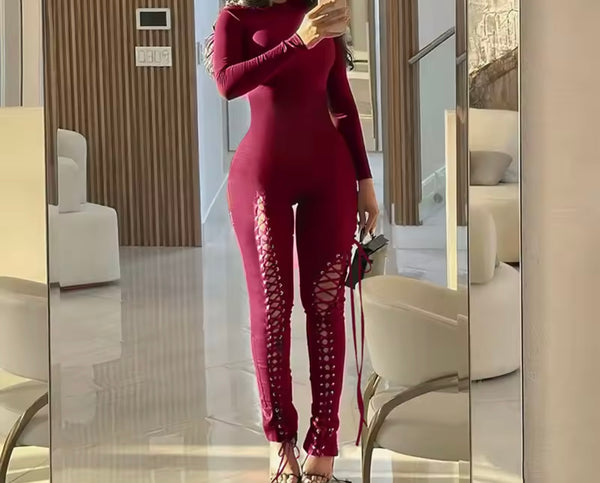 Women Color Full Sleeve Cut Out Tie Up Fashion Jumpsuit