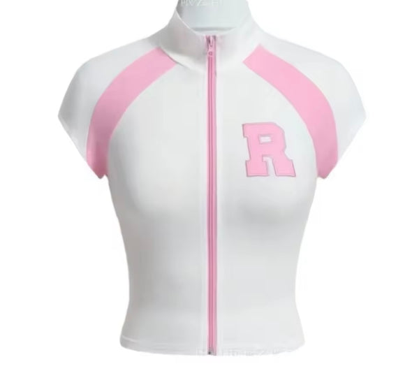 Women Letter Zip Up Short Sleeve  Sexy Two Piece Skirt Set