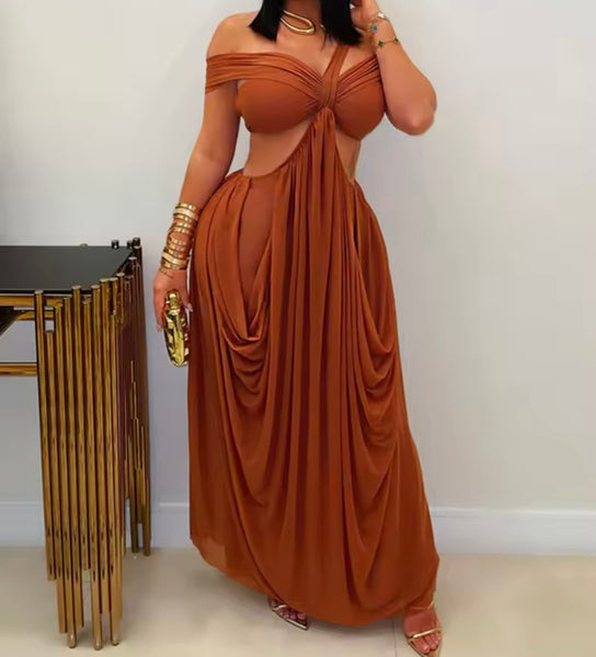 Women Sexy Off The Shoulder Cut Out Draped Maxi Dress