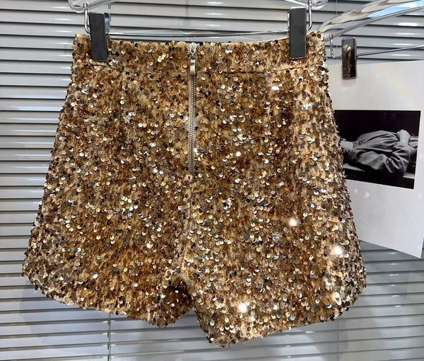 Women Sexy Gold Full Sleeve Sequins Two Piece Short Set