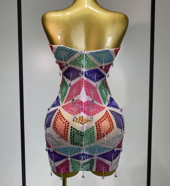 Women Sexy Strapless Colorful Crystal Mesh Dress