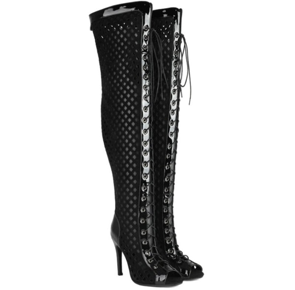 Women Fashion Open Toe Lace Up Hollow Out Knee High Boots