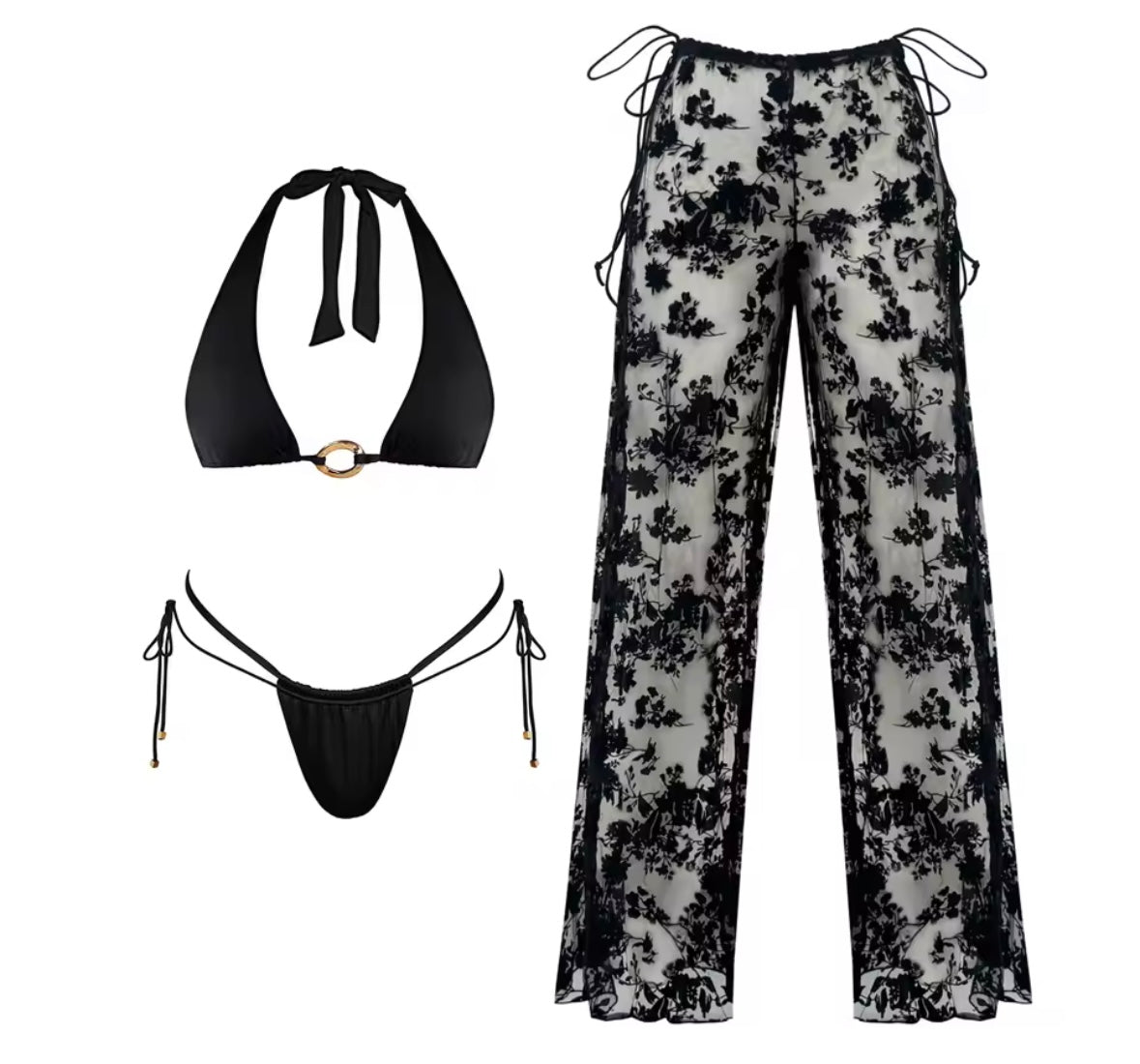 Women Sexy Black Halter Bikini Lace Cover Up Set
