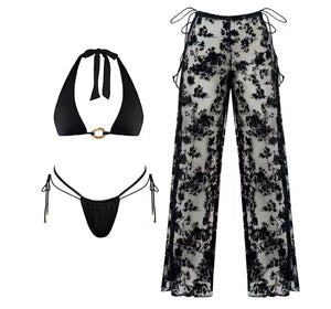 Women Sexy Black Halter Bikini Lace Cover Up Set
