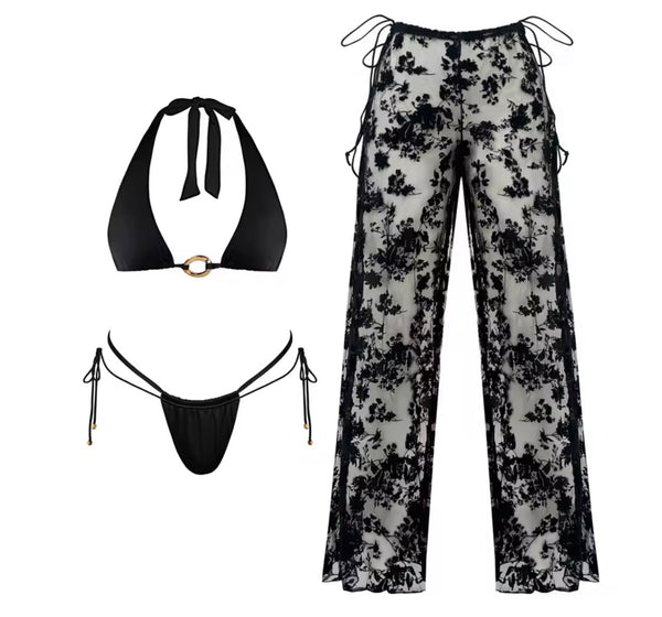 Women Sexy Black Halter Bikini Lace Cover Up Set