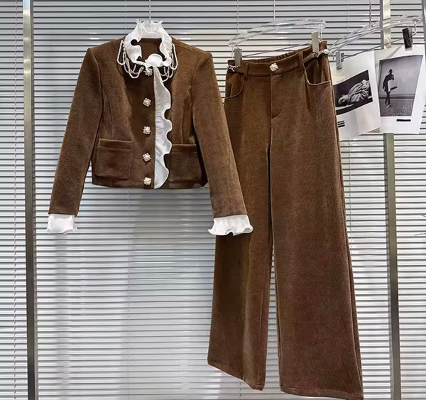 Women Lace Patchwork Brown Corduroy Blazer Two Piece Pant Set