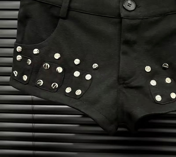 Women Fashion Black Rivet Patchwork Shorts