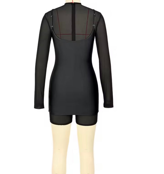 Women Sexy Mesh Patchwork Full Sleeve Dress