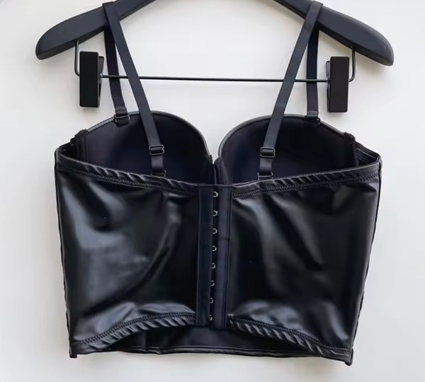 Women Sleeveless Black Buckled Fashion Faux Leather Crop Top