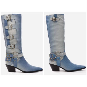 Women Fashion Buckled Denim Knee High Western Boots