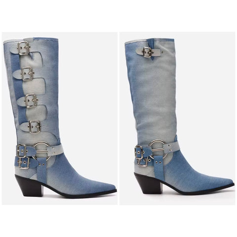 Women Fashion Buckled Denim Knee High Western Boots