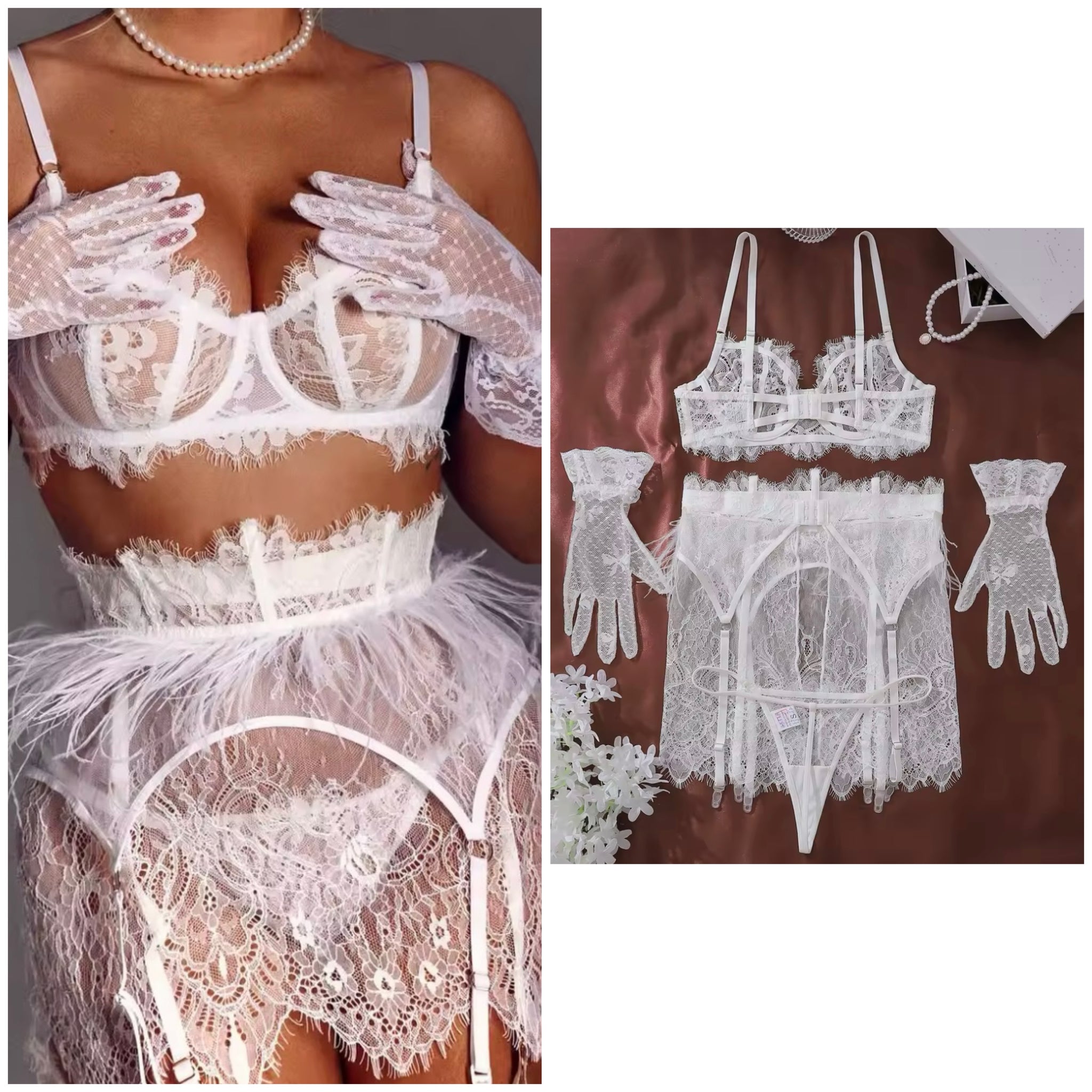 Women White Sexy Lace Glove Lingerie Set