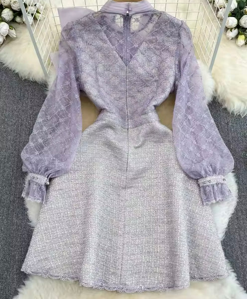 Women Beaded Lace Patchwork Bow Full Sleeve Dress