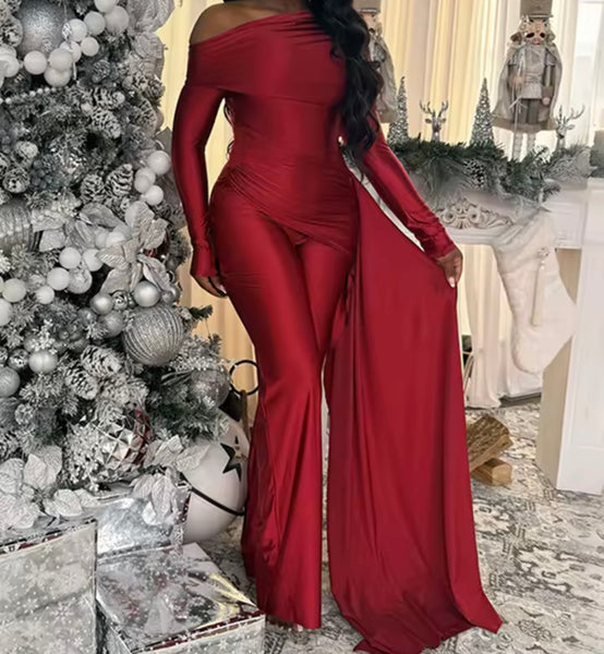 Women Off The Shoulder Full Sleeve Ruche Tassel Jumpsuit