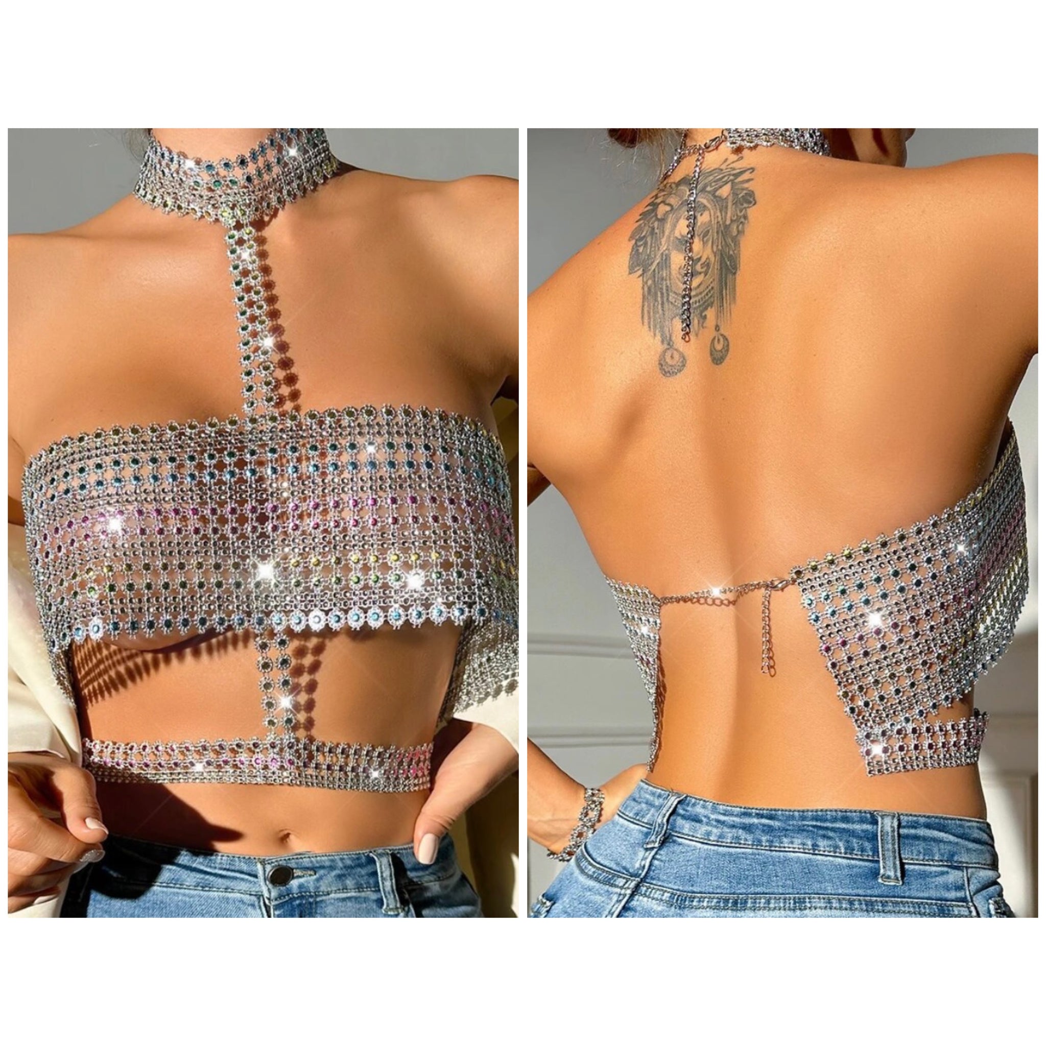 Women Fashion Halter Sleeveless Bling Open Back Crop Top