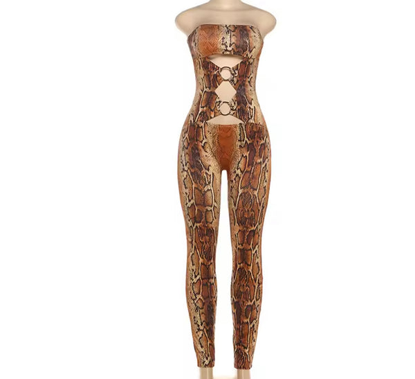 Women Strapless Color Animal Print Cut Out Fashion Jumpsuit