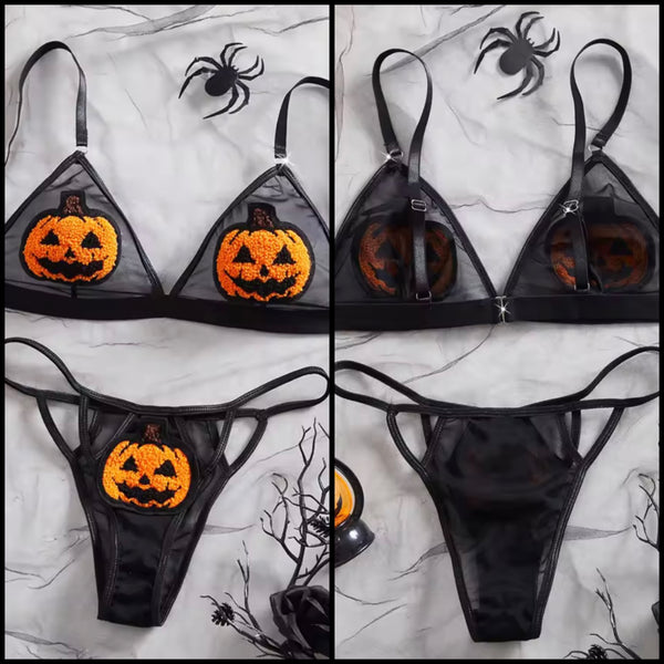 Women Sexy Black Pumpkin Mesh Lingerie Set