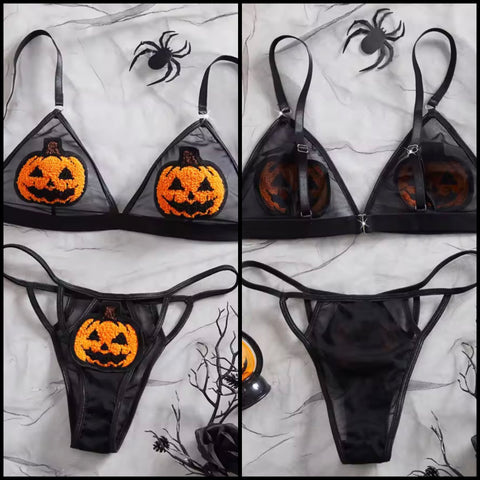 Women Sexy Black Pumpkin Mesh Lingerie Set