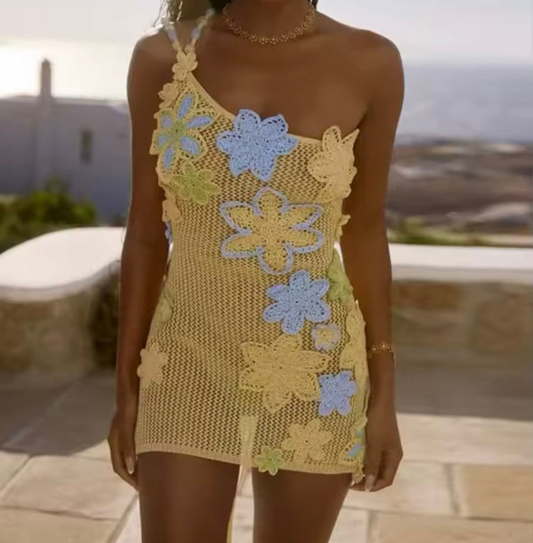 Women Sexy One Shoulder Sleeveless Knitted Floral Dress