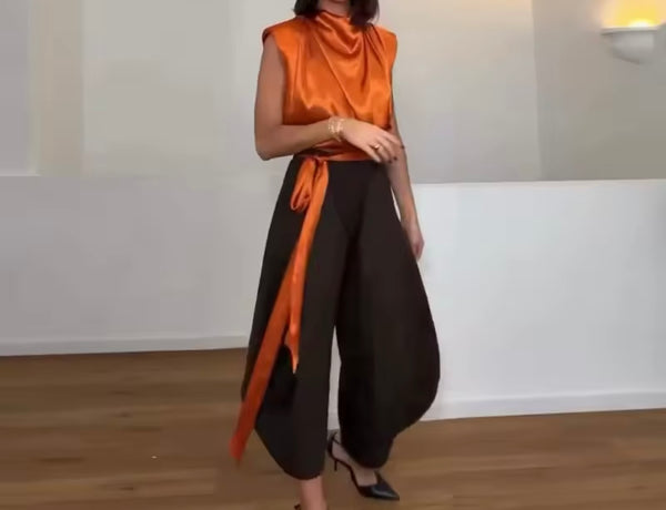 Women Sleeveless Satin Ruched Tie Up Top