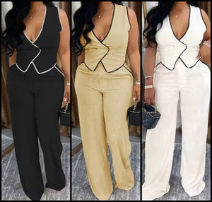 Women Fashion Sleeveless Striped Vest Two Piece Pant Set