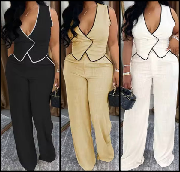 Women Fashion Sleeveless Striped Vest Two Piece Pant Set