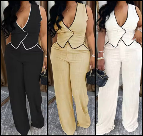 Women Fashion Sleeveless Striped Vest Two Piece Pant Set