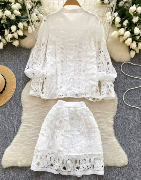 Women Lace Button Up Full Sleeve Two Piece Skirt Set