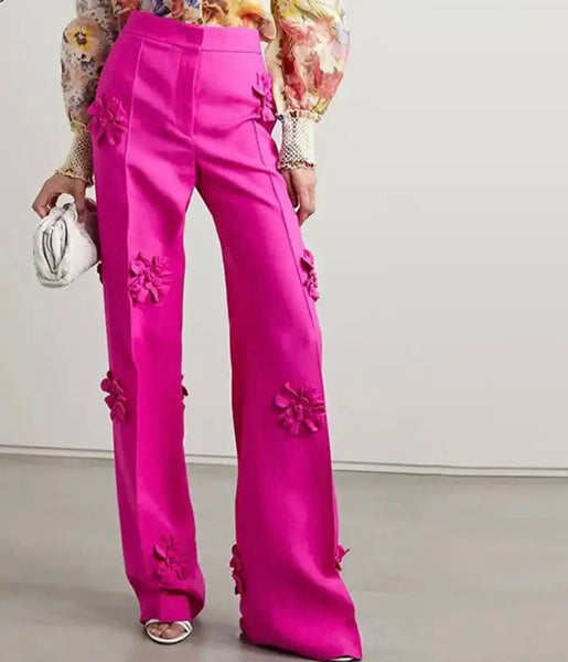 Women Fashion Solid Color 3D Floral Patchwork Pants