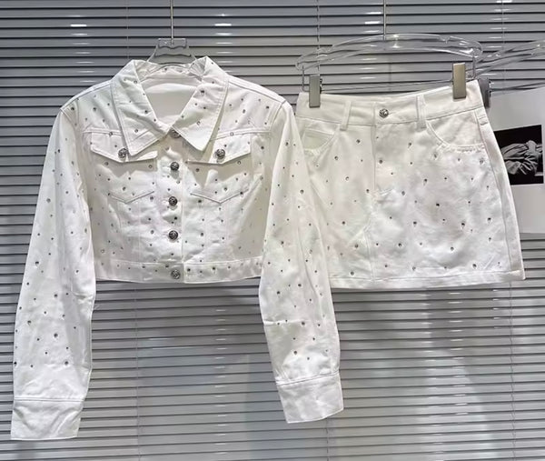 Women Fashion Rhinestone Button Up Jacket Two Piece Skirt Set
