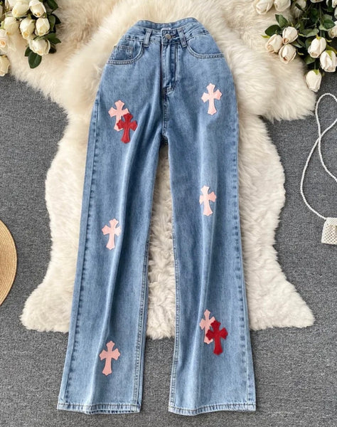 Women Fashion Color Cross Denim Pants