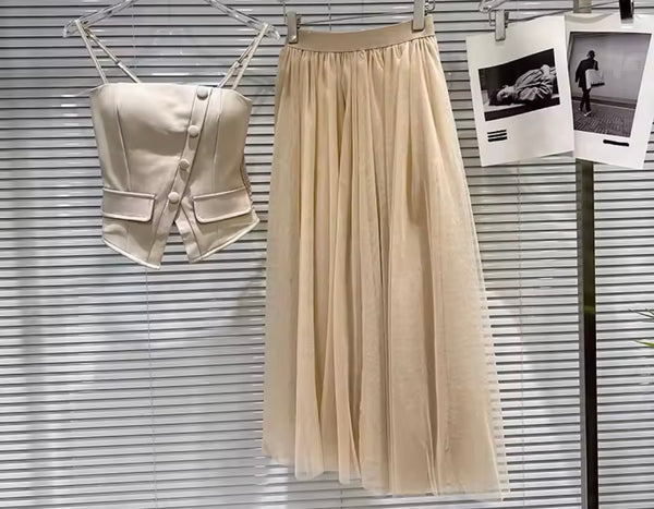 Women Button Up Sleeveless Crop Two Piece Maxi Skirt Set