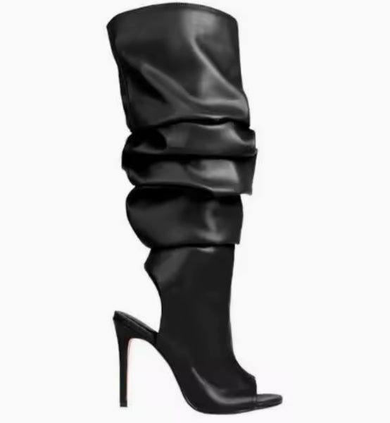 Women Open Toe Ruffle Faux Leather High Heel Fashion Boots