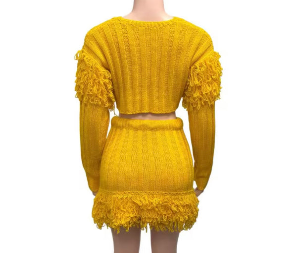 Women Yellow Knitted Fringe Full Sleeve Fashion Two Piece Skirt Set