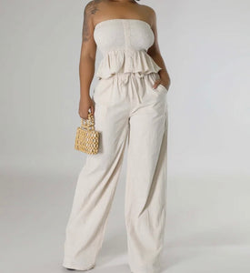 Women Sexy Ruffled Strapless Two Piece Wide Leg Pant Set