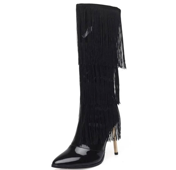 Women Pointed Toe Patent Leather Tassel Fashion Boots